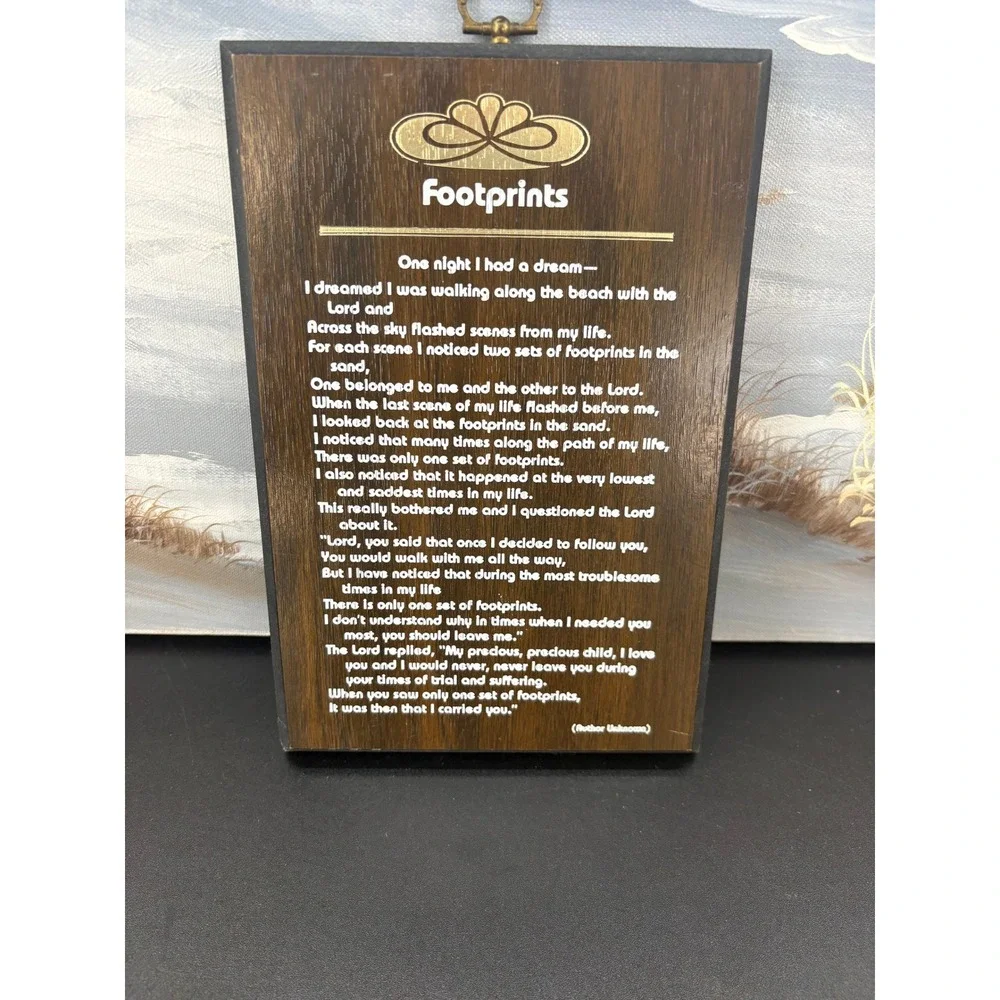 Vintage Footprints in the Sand Poem Wood Wall Plaque Religious Decor 6x8